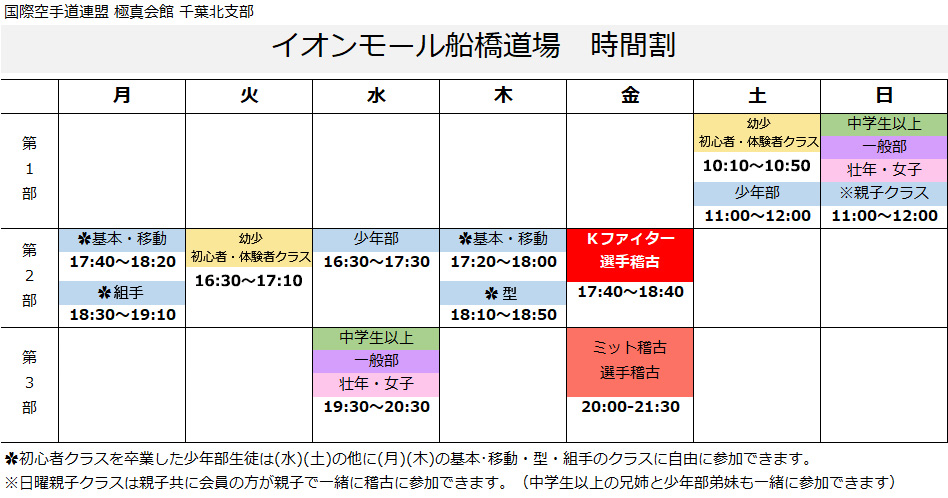 イオンモール船橋道場 稽古スケジュールのご案内